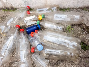 Yüksek açılı bir çekimde beton bir yüzeye saçılmış sayısız plastik şişe gösterilerek, çevre kirliliği sorunu vurgulandı. Koleksiyonda diğer plastik kaplarla birlikte çeşitli renkli kapaklı şeffaf plastik şişeler de yer alıyor..