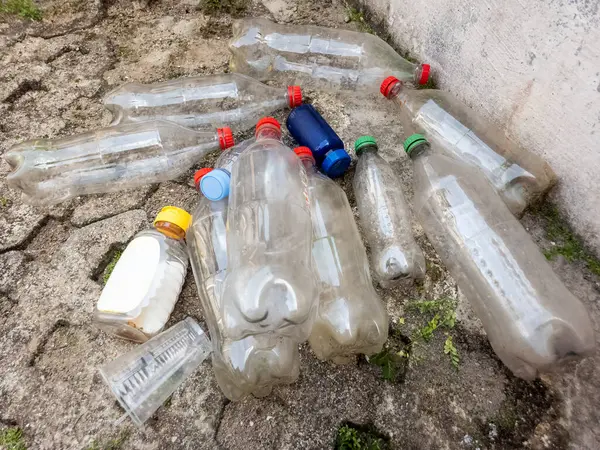 Yukarıdan çekilen bir fotoğraf, kaba ve çatlak bir yüzeye saçılmış plastik şişe ve konteynır koleksiyonunu gösteriyor. Görüntü, plastiğin çevre üzerindeki etkisine odaklanarak atık ve çevre kirliliği sorununu vurguluyor. Şey...