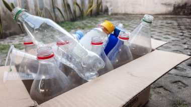 Yakın çekim, geri dönüşüme hazır temiz plastik şişelerle dolu bir karton kutuyu gösteriyor. Şişelerin çeşitli renkli kapakları var ve bazıları ıslak. Kutu dışarıda kaldırım taşlarının üzerinde duruyor, arka planda yapraklar görünüyor. Görüntü evok