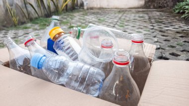 Geri dönüşüme hazır çeşitli plastik şişelerle dolu bir karton kutu. Temiz şişelerin kırmızı, sarı ve mavi kapakları var. Kutu dışarıda bir verandada kaldırım taşlarıyla duruyor. Olay yeri çevresel sorumluluk ve atık yönetimini vurguluyor