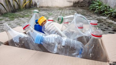 Plastik şişeler ve konteynırlarla dolu, geri dönüşüme hazır bir karton kutunun yakın çekimi. Şişeler farklı boyutlarda, şekillerde ve renklerde, farklı kapaklarla. Görüntü atık yönetimi, çevresel kaygılar ve