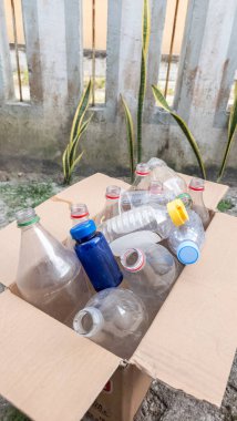Çeşitli boş plastik şişelerle dolu, geri dönüşüme hazır bir karton kutu. Şişelerin kapakları ve boyutları farklı renklerde. Kutu dışarıda, çitlerin ve bitkilerin önünde duruyor. Görüntü atık yönetiminin net bir temsilidir.