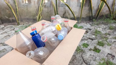 Dolu bir karton kutu kullanılmış plastik şişelerden oluşan bir koleksiyon içeriyor, atık birikimini sergiliyor. Şişeler çeşitli şekillerde, boyutlarda ve renklerde. Kutu desenli beton bir yüzeye yerleştiriliyor. Görüntü çevredekileri vurguluyor