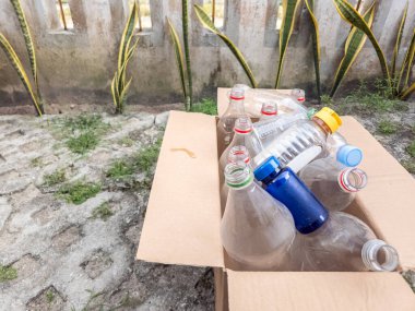 Açık havada, muhtemelen bir avluda çeşitli plastik şişelerle dolu bir mukavva kutu gösteriliyor. Şişeler farklı şekillerde, boyutlarda ve renklerde, çeşitli kapaklarla. Görüntü geri dönüşüm, çevresel sorumluluk kavramını vurguluyor.