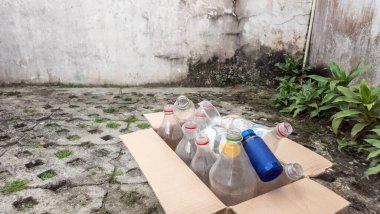Kullanılmış plastik şişelerle dolu bir karton kutu dışarıda yıpranmış beton bir duvarın karşısında duruyor. Şişeler çeşitli boyut ve renklerde, geri dönüşüme hazır. Sahne çevresel sorumluluk ve atık azaltmayı vurguluyor. Settin.