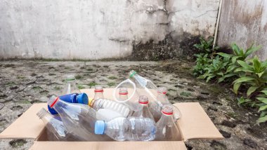 Kullanılmış plastik şişelerle dolu, geri dönüşüme hazır bir karton kutu. Kutu çatlamış beton bir yüzey üzerinde, yıpranmış bir duvar ve arka planda yeşil bitkiler ile dışarıda duruyor. Görüntü geri dönüşümün önemini vurgular