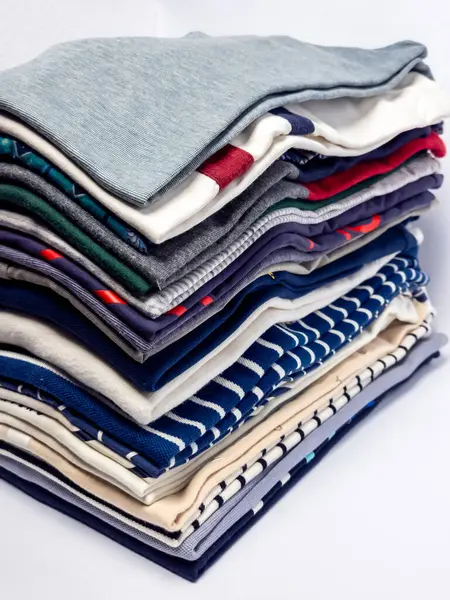 Yakın plan çekimlerde düzgünce düzenlenmiş katlanmış giysiler sergilenir. Kıyafetler mavi, beyaz, yeşiller, kırmızılar ve griler gibi çeşitli renklerde, çizgiler ve katı renkler gibi çeşitli desenlere sahiptir. Görüntü iyi aydınlatılmış ve odaklanmış. 