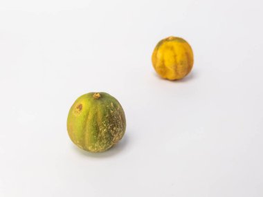 İki kurutulmuş limon, temiz beyaz bir arka planda izole edilir. Bir kireç çoğunlukla yeşil ve diğeri kahverengi işaretli sarı. Fotoğraf bir stüdyo ortamında çekiliyor, metin veya diğer tasarım elemanları için yeterli kopya alanı sunuluyor.