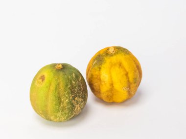 İki kurutulmuş limon, temiz beyaz bir arka planda izole edilir. Bir kireç çoğunlukla yeşil ve diğeri kahverengi işaretli sarı. Fotoğraf bir stüdyo ortamında çekiliyor, metin veya diğer tasarım elemanları için yeterli kopya alanı sunuluyor.