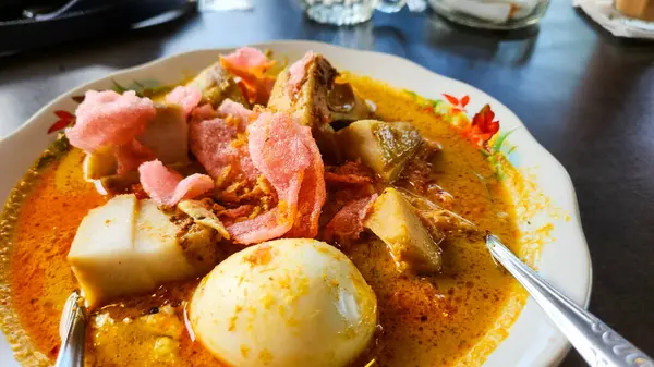 Geleneksel Endonezya yemeği Lontong Sayur 'un yakın plan fotoğrafı. Tabakta Longa (pirinç keki), hindistan cevizi sütlü köri, tofu, yumurta ve pembe krakerlerde sebzeler yer alıyor. Canlı renkler ve dokular iştah açıcı bir cazibe yaratıyor..