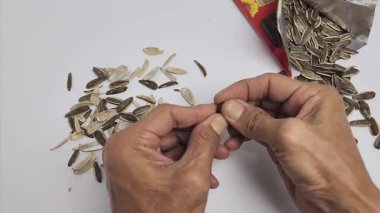 Açık Ay Çiçeği Tohumlarını Kıran ve Beyaz Yüzeyde Yiyen Kişi