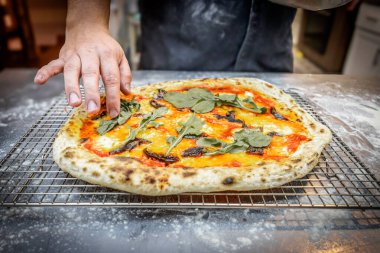 Taze pişmiş incirli pizza, üzerinde taze roka yaprakları var. Taze, aromatik ve lezzetini arttırmak için hafif biberli bir dokunuş..
