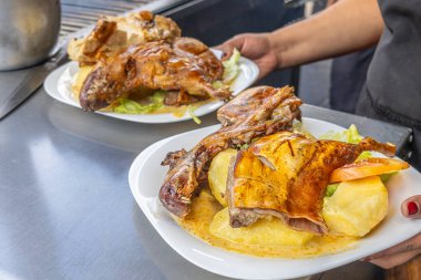 Geleneksel Hint domuzu yemeği ya da kızarmış Gine domuzu, Ekvador mutfağının zenginliğini, kültürünü ve otantik lezzetlerini vurgulayan Andean malzemeleriyle servis edilen tipik bir Ekvador yemeği..