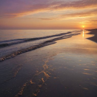 Gün batımında sakin bir sahil, yumuşak dalgalar ve ıslak kumda altın yansımalarla. Pastel gökyüzü turuncu, pembe ve lavanta renkleriyle sakin, rüya gibi bir atmosfer yaratır. Rahatlama, seyahat, farkındalık ve doğa güzelliği konuları için mükemmel..