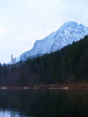 Huzurlu bir kış manzarasında, arka planda karla kaplı dağlar ve bol çam ağaçları bulunan sakin bir göl yakınında duran bir kale yer alır. Sahne, dingin güzelliği yakalar.