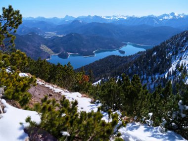 Yüksek bir bakış açısından, sakin mavi göl parlak güneşin altında parıldıyor, karla kaplı dağlar ve önplanda daima yeşil ağaçlarla çevrili, doğanın güzelliğini gösteriyor..