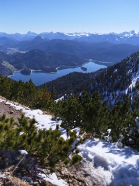Uçsuz bucaksız dağ manzarası, yemyeşil yemyeşil ve parlak mavi gökyüzünün altında yükselen karla kaplı dağlarla çevrili sakin bir göl sergiliyor. Açık hava meraklıları için ideal..