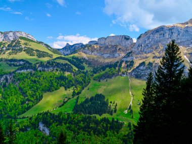 Geniş yeşil tepeler ve kayalık tepeler sakin bir dağ bölgesinde çarpıcı bir zemin oluşturur. Açık mavi gökyüzü manzaranın doğal güzelliğini arttırır, açık havada keşif yapmaya davet eder..