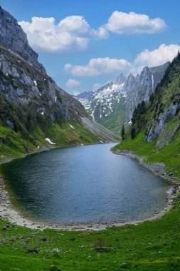 Sakin bir alp gölü, sarp yeşil tepeler ve yüksek tepelerle çevriliyken berrak mavi gökyüzünü yansıtır. Dağın tepeleri karla kaplı, manzaraya ekleniyor..
