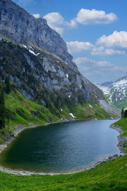 Dik, kayalık uçurumlar arasında uzanan sakin bir dağ gölü. Kıyılar boyunca yemyeşil bir bitki örtüsü. Kabarık beyaz bulutlar parlak mavi gökyüzünde sürükleniyor, sakin atmosferi güçlendiriyor..
