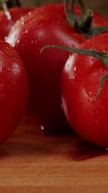 Tahta bir yüzeyde duran, su damlacıklarıyla parlayan taze kırmızı domateslerin yakın çekimi. Canlı renkler taze ve doğal güzelliklerini vurguluyor. Yemek ve salatalar için mükemmel..