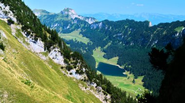Yeşil vadiler, dingin bir göl ve yaz boyunca dağlarda yükselen dağların çarpıcı manzarası. Sahne doğal güzelliği ve huzurlu atmosferi yakalıyor..