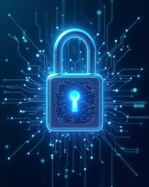 Parlayan dijital kilit sembolü kripto para güvenliğini temsil ediyor. Etrafı engelleyici görseller ve şifreleme kodlarıyla çevrili. Ultra gerçekçi.