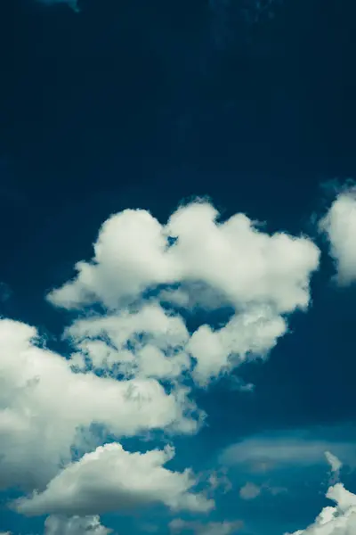 Yumuşak, tüylü beyaz kümülüs bulutları canlı bir deniz mavisi gökyüzünde sürükleniyor ve nefes kesici ve huzurlu bir manzara yaratıyor. Koyu mavi ve parlak beyaz arasındaki zıtlık çarpıcı ve büyüleyici..