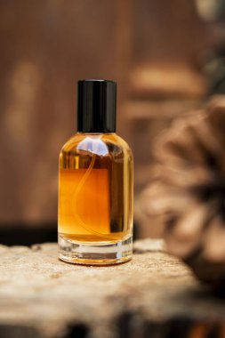 Kehribar renkli sıvıyla parfüm şişesinin yakın plan görüntüsü. Şişenin temiz bir cam gövdesi ve siyah bir kapağı var. Köhne, yıpranmış ahşap bir yüzeye dayanır. Arka plan bulanık, sıcak kahverengi tonlar gösteriyor ve doğal bir açık hava tonu olduğunu gösteriyor.