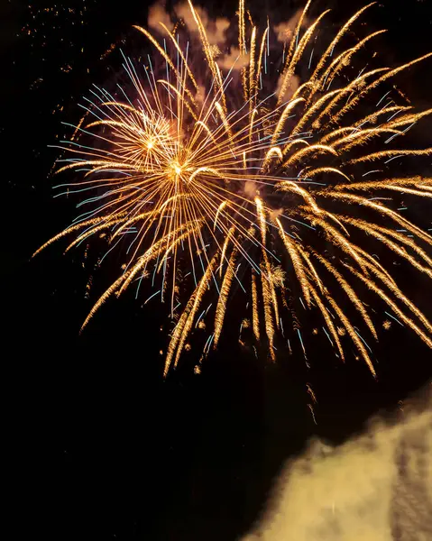 Canlı bir havai fişek gösterisi karanlık bir gece gökyüzüne doğru patlıyor, altın ve deniz mavisi patlamaları sergiliyor. Aşağıda duman izleri görülebilir.
