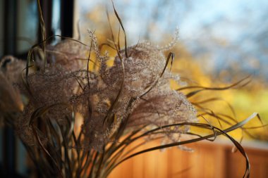 Sarı çiçekli sonbahar buketi ve cam vazoda kurumuş yapraklar