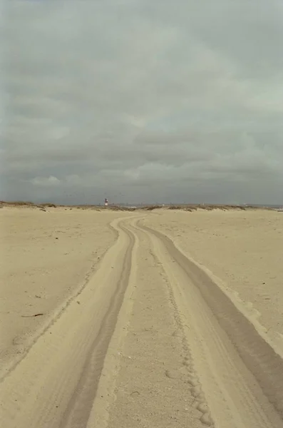 Sandstrand Autospuren Sand Radspuren Sand — Stockfoto