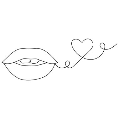 Öpüşme günü dudakları tek çizgi sanat, izole edilmiş dış hat ikonu aralıksız bir çizgi çizimi