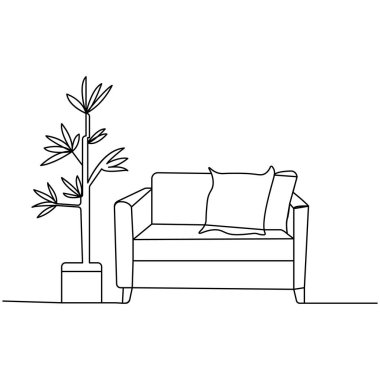 Lambalı kanepe ve saksı bitkisi simgesi sürekli bir çizgi çizen vektör çizimi