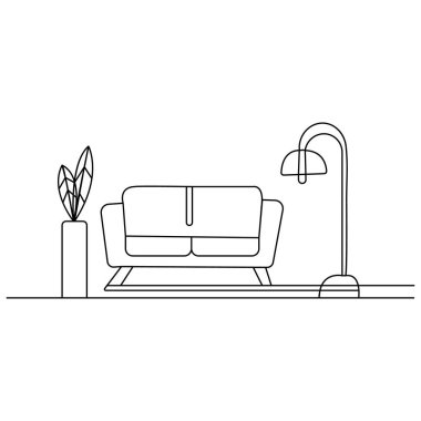 Lambalı kanepe ve saksı bitkisi simgesi sürekli bir çizgi çizen vektör çizimi