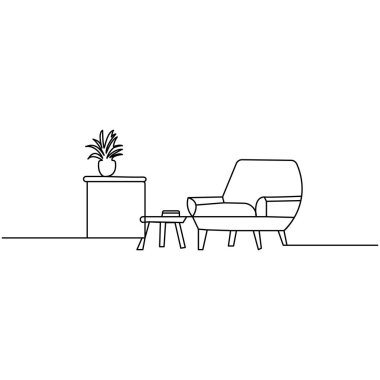 Lambalı kanepe ve saksı bitkisi simgesi sürekli bir çizgi çizen vektör çizimi