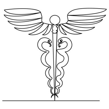 Caduceus tek çizgi sanatı, izole edilmiş dış hat vektör simgesinin sürekli tek çizgi çizimi