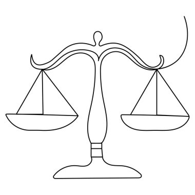 Mahkeme hukuki ölçek simgesi ana hatlı vektör illüstrasyonunun sürekli bir çizgi çizimi