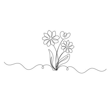 Çimen ve çiçekler bir çizgi resim simgesi sürekli bir çizgi çizimi ana hatlı vektör illüstrasyonu