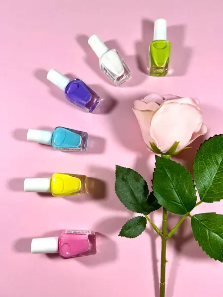 Renkli oje ve pembe gül çiçekleri izole edilmiş pembe bir arkaplanda düzgünce dizilmiş.