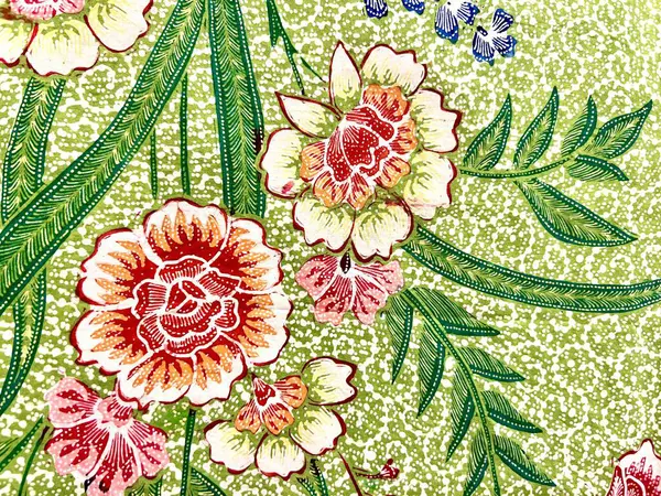 Solo, Endonezya 'dan soyut, çiçek ve yaprak motifli güzel geleneksel Endonezya batik kumaşı. Tekstil, pamuk kumaşlar, kapaklar, duvar kâğıdı, baskı, kartlar, hatıra defteri