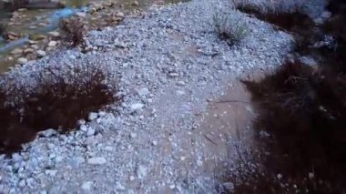 İnsansız hava aracı, çakıl taşları, küçük bir taş duvar barajı ve barışçıl bir yapay gölet oluşturan bir şelale ile bir nehri yakalar..