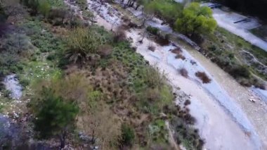 Orman dağları arasında kıvrımlı bir nehrin, çakıl taşlı kıyıları, çeşitli ağaçları ve yan yana uzanan bir yolu gösteren hava görüntüleri..