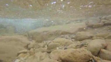 Su altı görüntüleri, bulutlu bir günde yavaş çekimde, küçük bir şelalede sona eren kayalarla akan bir nehri gösteriyor..