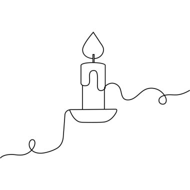 Mum aralıksız tek çizgi çizimi ve mum ışığının koyu renkli bir çizgi çizimi.