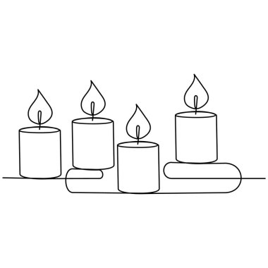 Mum aralıksız tek çizgi çizimi ve mum ışığının koyu renkli bir çizgi çizimi.