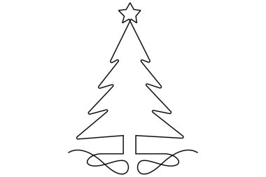 Noel ağacı, üzerinde yıldız olan ve izole edilmiş beyaz arkaplanı olan sürekli bir çizgi çizer..