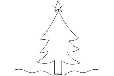 Noel ağacı, üzerinde yıldız olan ve izole edilmiş beyaz arkaplanı olan sürekli bir çizgi çizer..