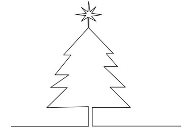 Noel ağacı, üzerinde yıldız olan ve izole edilmiş beyaz arkaplanı olan sürekli bir çizgi çizer..
