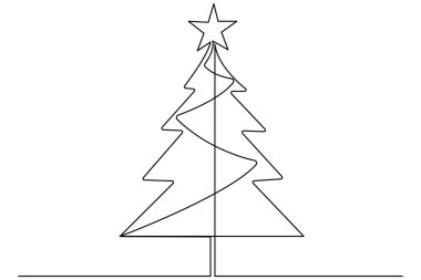 Noel ağacı, üzerinde yıldız olan ve izole edilmiş beyaz arkaplanı olan sürekli bir çizgi çizer..